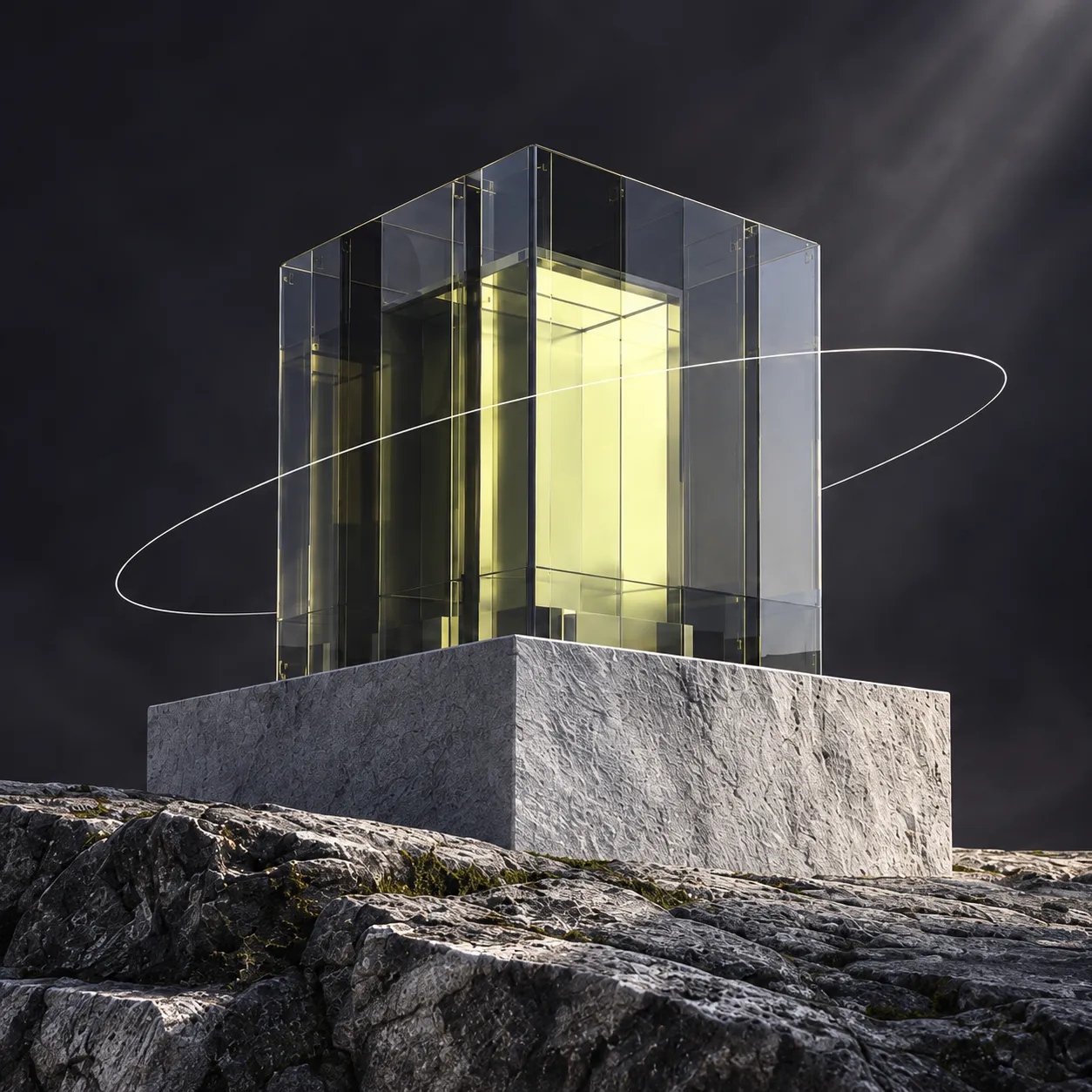 En glasskube med lysende kjerne på en steinsokkel i et fjellandskap